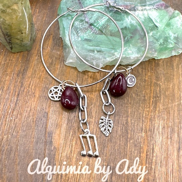 Red turquoise chunky drops silver long hoop earrings - Picture 1 of 1